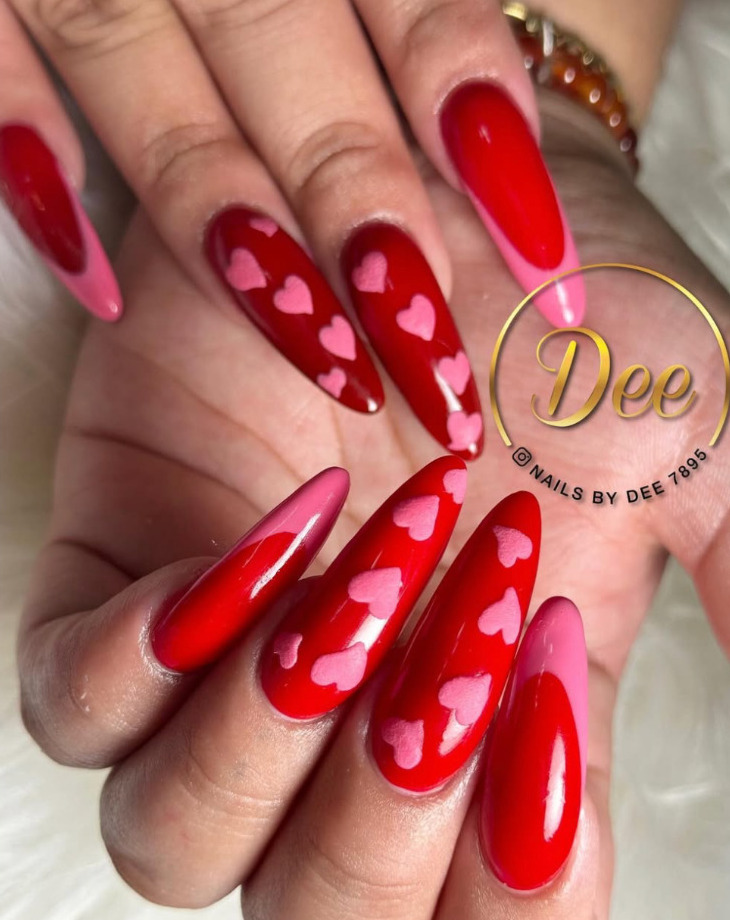 Red and pink heart nail design by Nails by Dee