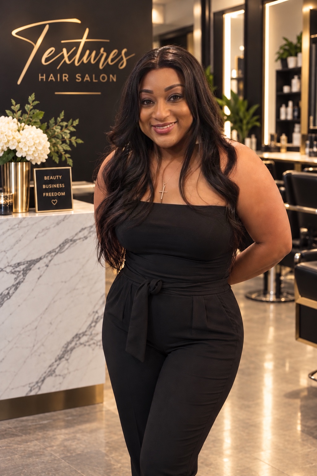 Patricia Lindsay, owner of Textures Hair Salon, standing in a salon